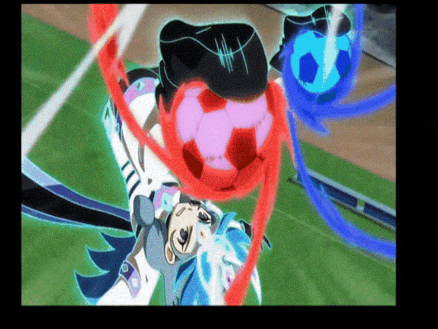 a blue and red soccer ball is being kicked by a person on a field