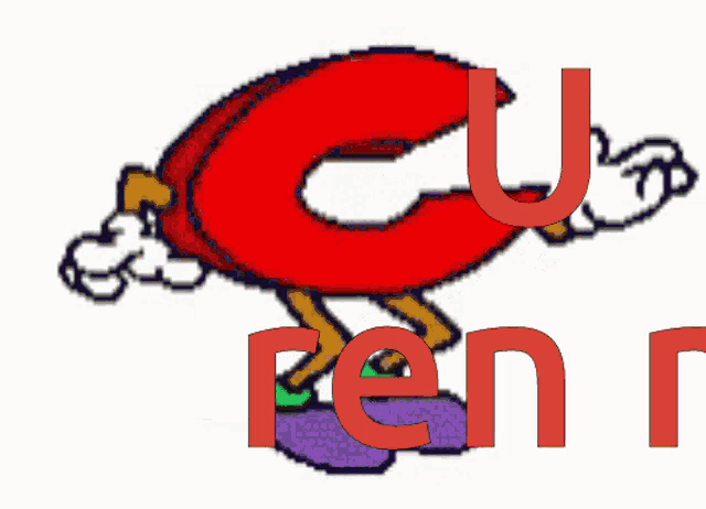 a cartoon drawing of a red letter c with arms and legs and the word renr below it