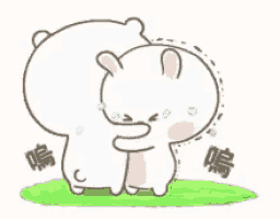 a cartoon of a bear and a rabbit hugging each other in the grass .