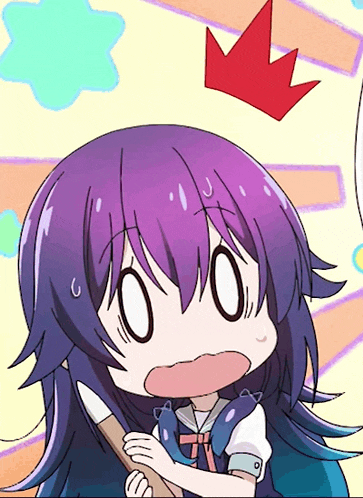 a girl with purple hair is holding a brush and has a crown on her head