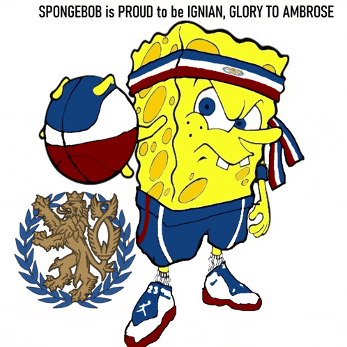 spongebob is proud to be ignian glory to ambrose with a basketball in his hand