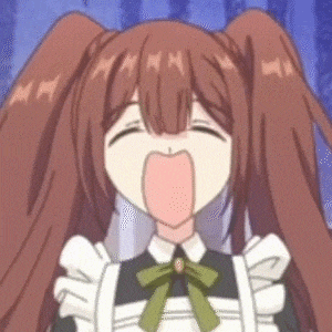 a close up of a cartoon girl wearing a maid outfit making a funny face .