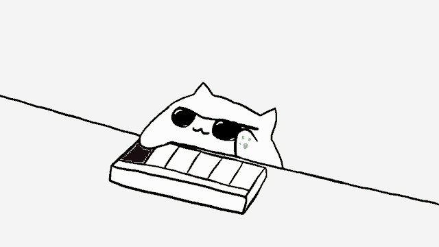a black and white drawing of a cat with sunglasses on a keyboard