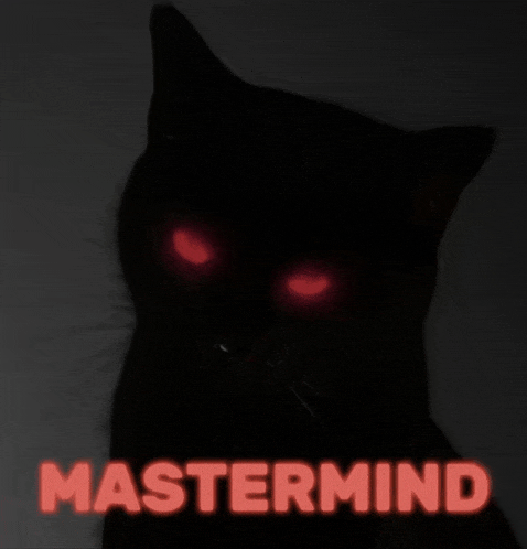 a black cat with red eyes and the word mastermind written above it