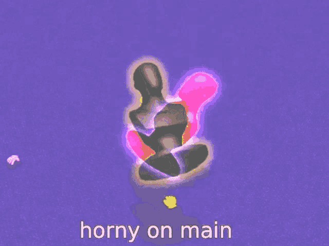 a purple background with horny on main written below a pink object