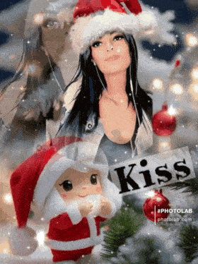 a picture of a woman wearing a santa hat with a kiss sign behind her