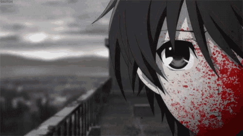 a black and white photo of a person with blood on their face and the word shuatsuki at the bottom