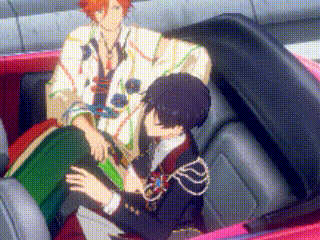 two anime characters are sitting in the back seat of a pink car .