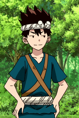 a boy with a bandana on his head and a blue shirt