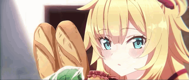 a blonde anime girl with blue eyes is holding a loaf of bread in her hand