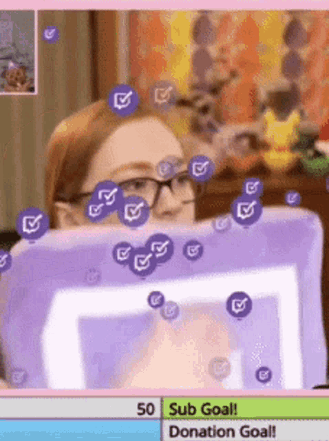 a woman wearing glasses is playing a video game with a sub goal of 50 and a donation goal of 100