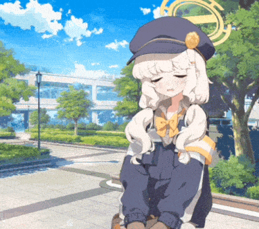 a girl with white hair is wearing a blue hat with a gold flower on it