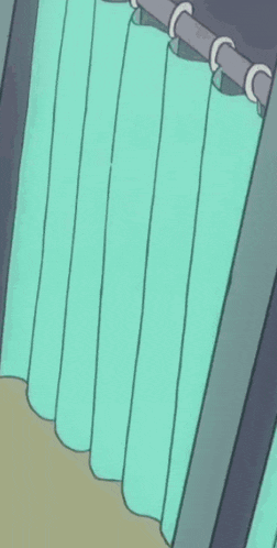 a cartoon character is standing in a room behind a green curtain .