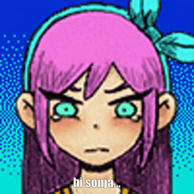 a cartoon girl with pink hair and green eyes says hi sonja .