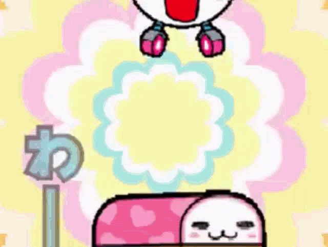 a cartoon character with a tongue sticking out is standing next to a pink box .