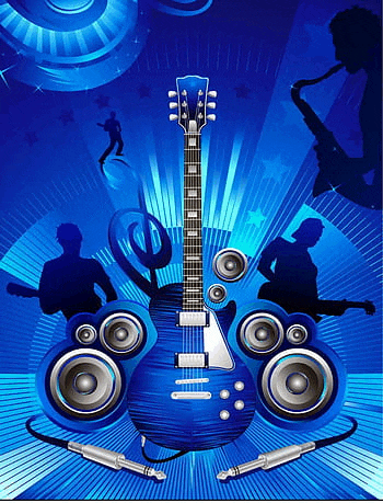 a blue background with a guitar , speakers , and a saxophone .