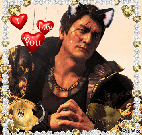 a picture of a man with a cat ear surrounded by hearts that say i love you
