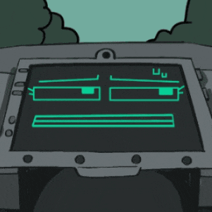 a cartoon drawing of a device with a green screen that says u on it