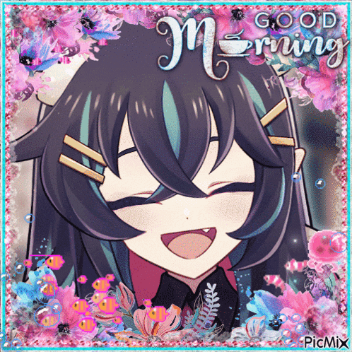 a picture of a girl with flowers and the words good morning on it