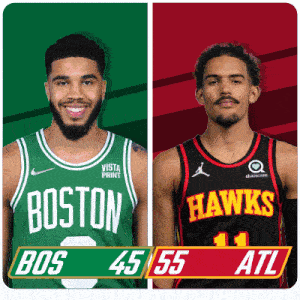 two basketball players from the boston celtics and the atlanta hawks are standing next to each other