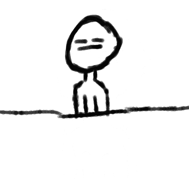 a black and white drawing of a stick figure with a circle around his head