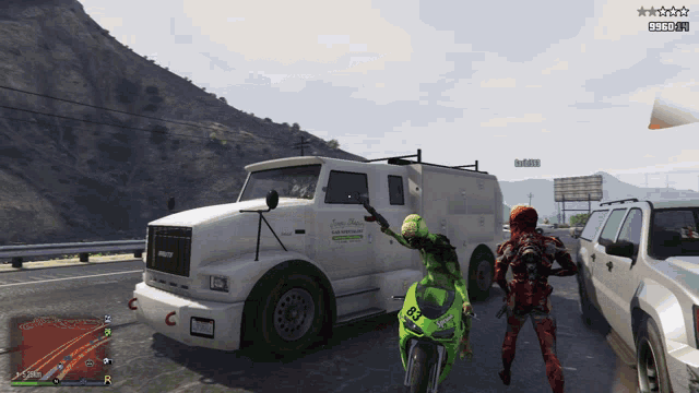 a person on a green motorcycle is standing in front of a white truck that says ' green valley ' on it