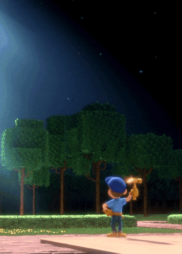 a cartoon character is holding a hammer in a dark park