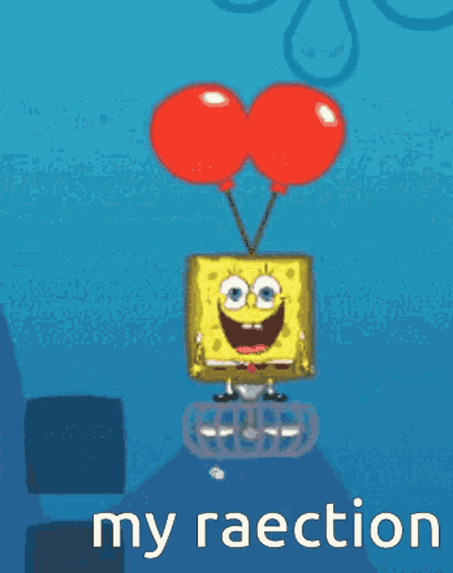 a cartoon of spongebob with two red balloons hanging from his head