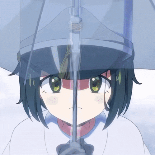 a girl with green eyes is holding an umbrella in the rain
