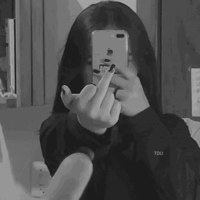a girl is taking a picture of herself in the mirror while giving the middle finger .
