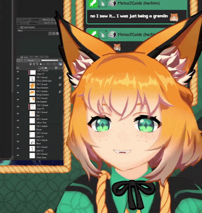 a cartoon fox with a green shirt and a rope around her neck is standing in front of a computer screen