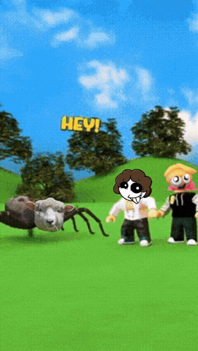 a cartoon drawing of a spider and a sheep with the words hey on the bottom