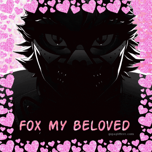 a fox is surrounded by pink hearts with the words fox my beloved