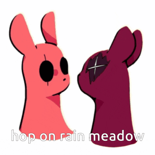 a cartoon of two rabbits with the words hop on rain meadow below them