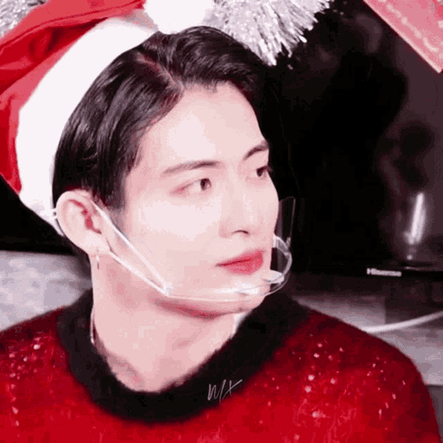 a man wearing a santa hat and a face mask