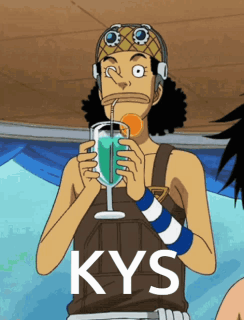 a cartoon character drinking a drink with a straw and the word kys on the bottom right