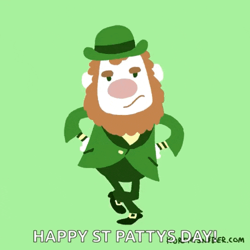 a cartoon leprechaun is dancing with the words happy st patty 's day written below him