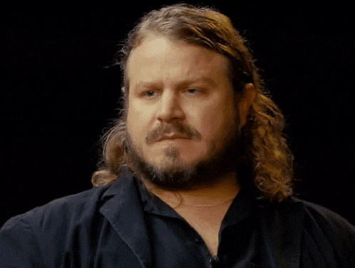 a man with long hair and a beard looks at the camera