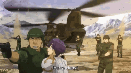 a group of soldiers are standing in front of a helicopter and a girl is being held by a soldier .