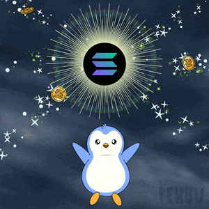 a penguin stands in front of a sun with the word pengu on the bottom