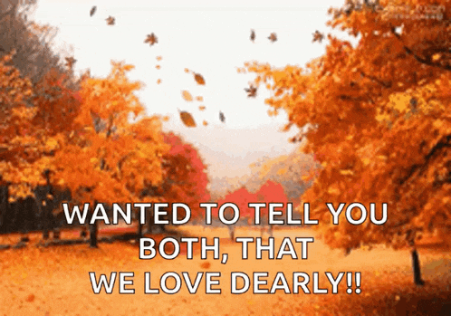 autumn leaves falling in a park with the words " wanted to tell you both that we love dearly ! "