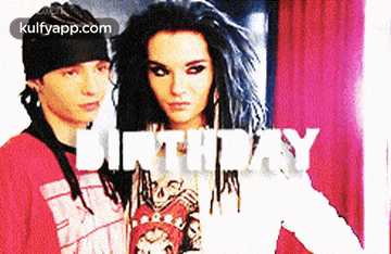 a man and a woman are standing next to each other with the word birthday written in white letters