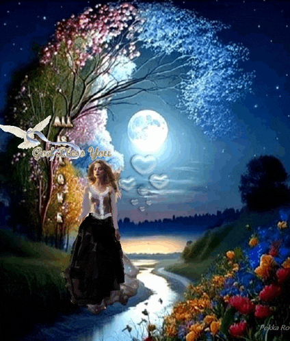 a woman in a black dress stands in front of a full moon in a painting