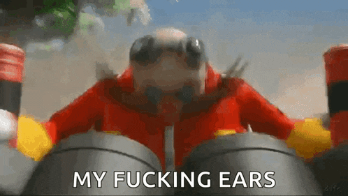 a close up of a cartoon character with the words `` my fucking ears '' written on the bottom .
