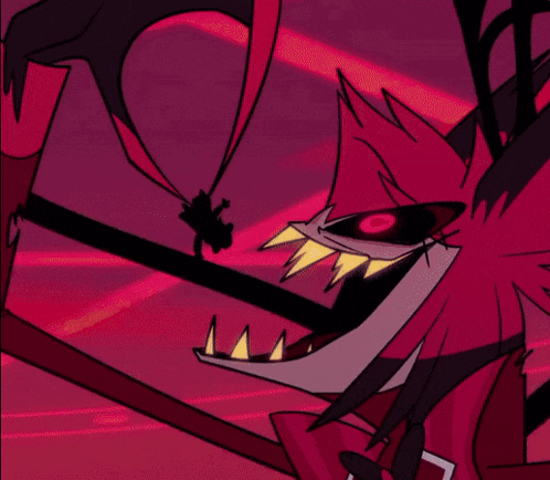 a cartoon character with red eyes and horns is sitting on a bed next to a window .