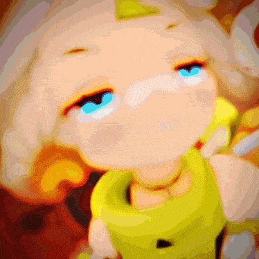 a cartoon character with blue eyes and a yellow outfit
