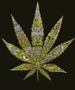 a purple marijuana leaf with a circle in the middle on a black background