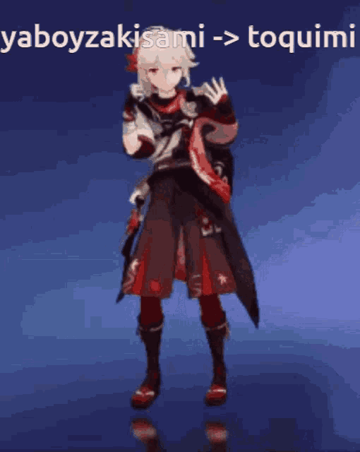 a cartoon character is dancing with a fan in his hand and the words yaboyzakisami - > toquimi above him .