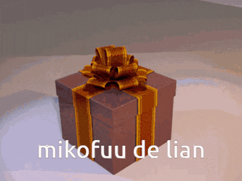 a brown gift box with a gold bow and the words " mikofuu de lian " below it