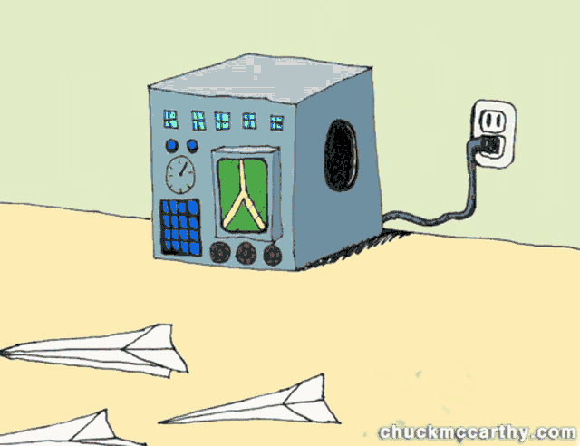 chuckmccarthy.com is the website shown in the cartoon above the paper airplanes